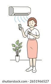 Illustration of a young woman turning on the air conditioner to control the temperature in the room in summer