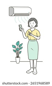 Illustration of a young woman turning on the air conditioner to control the temperature in the room in summer