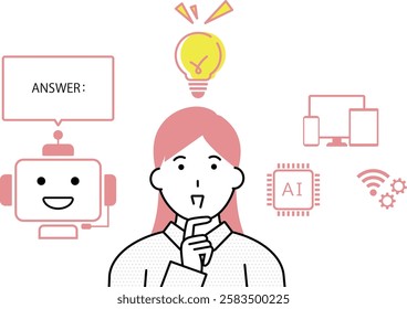 Illustration of young woman using conversational AI to come up with idea