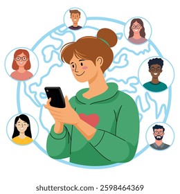 Illustration of a young woman using a smartphone for social networking  
