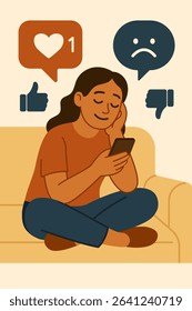 Illustration of a young woman using a smartphone while sitting on a couch, surrounded by social media icons such as likes, dislikes, and sad face. Concept of social media impact on emotions and mental