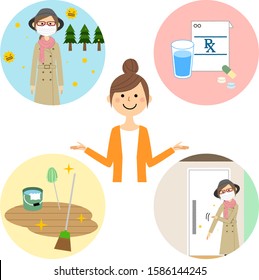 Illustration of young woman and various hay fever measures.