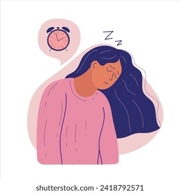 Illustration of a Young Woman very tired  with closed eyes showing signs of lack of sleepin .Thought Bubble Expressing there is a ringing alarm clock trying to wake her .Mental health concept  