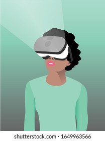 Illustration of young woman with virtual reality glasses with light beam, standing, looking up.