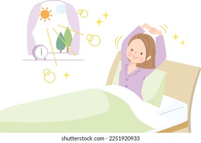 Illustration of a young woman waking up refreshed in the morning and stretching