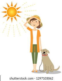 It is an illustration of an young woman walking a dog wearing a hat.