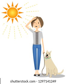 It is an illustration of an young woman walking a dog in the heat.