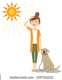 It is an illustration of an young woman walking a dog in the heat.