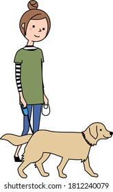 It is an illustration of a young woman walking a dog.