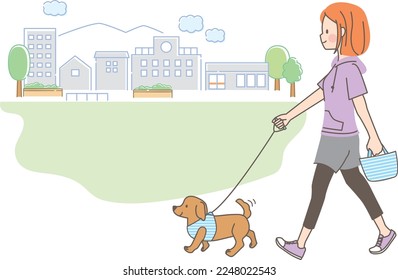 Illustration of young woman walking dog in park