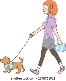 Illustration of young woman walking dog in park