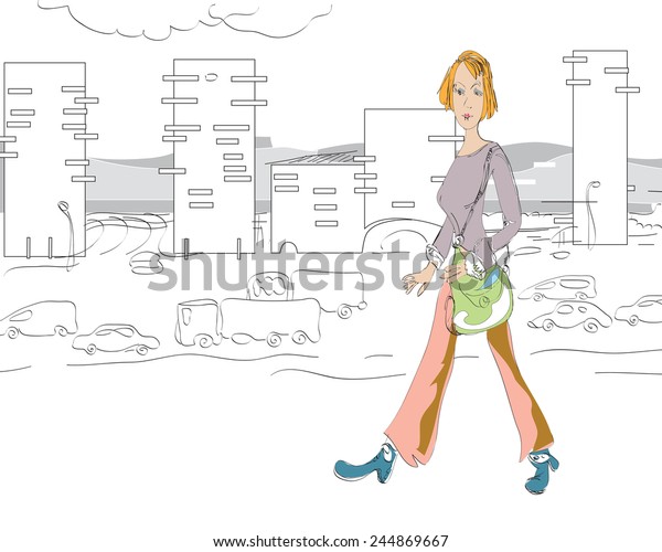 Illustration of a young woman walking, modern\
city in the\
background