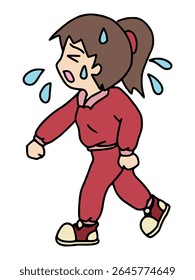 Illustration of a young woman walking tiredly while sweating