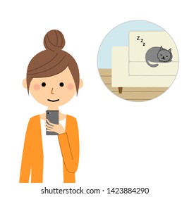 An illustration of a young woman watching a video of a network camera with a smartphone.