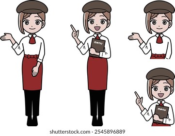 Illustration of a young woman wearing an apron working at a restaurant