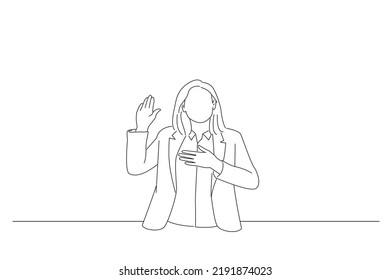 Illustration of young woman wearing business style with hand on chest and open palm, making a loyalty promise oath. Outline drawing style art
