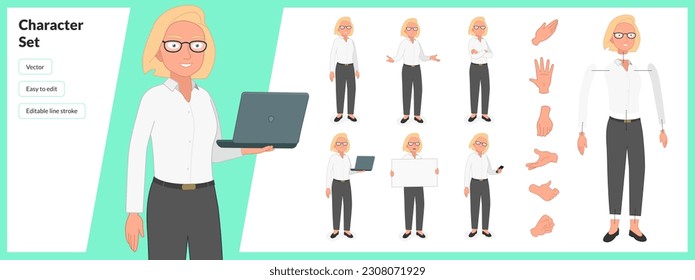 Illustration of young woman, wearing business casual clothing and glasses in a set of multiple poses. Easy to edit with editable line strokes and isolated on white background. Suitable for animation.