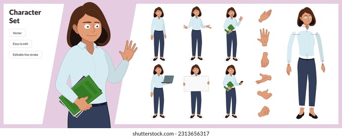 Illustration of young woman, wearing business casual clothing and glasses in a set of multiple poses. Easy to edit with editable line strokes and isolated on white background. Suitable for animation.