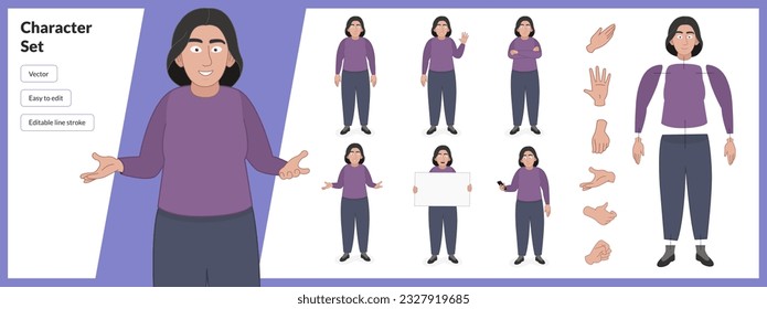 Ilustración de una mujer joven, con ropa de negocios casual en una serie de poses múltiples. Fácil de editar con trazos de línea editables y aislados en fondo blanco. Adecuado para la animación.