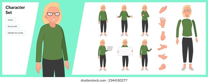 Illustration of young woman, wearing casual clothing and glasses in a set of multiple poses. Easy to edit with editable line strokes and isolated on white background. Suitable for animation.