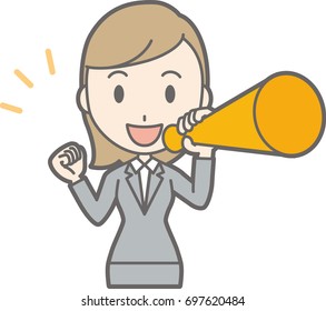 Illustration of a young woman wearing a suit holding a megaphone