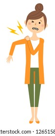 An illustration of the young woman who feels the pain in a shoulder.