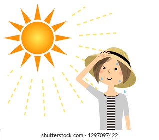 It is an illustration of an young woman who goes out wearing a hat.