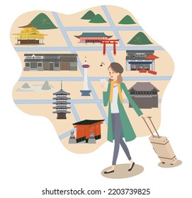 It is an illustration of a young woman who goes around famous sightseeing spots in Kyoto.