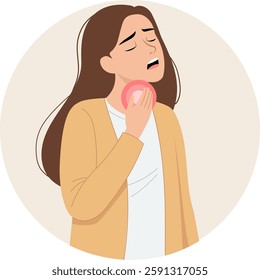 Illustration of a young woman who is sick and has a sore throat.