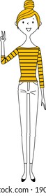 It is an illustration of a young woman who signs a V sign.