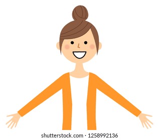 It is an illustration of a young woman who spreads both hands.