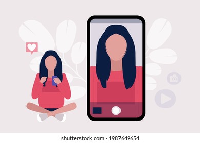 illustration of young woman who takes selfie on the phone. Colorful flat vector drawing.