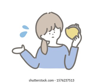 It is an illustration of a young woman who is in trouble without money. She is worried with a yellow wallet.