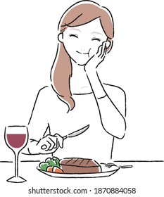 Illustration of a young woman. Women are happy to eat beef steak at a restaurant.
