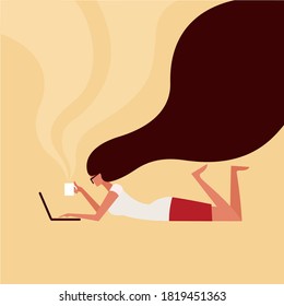 Illustration of a young woman working from home using laptop
