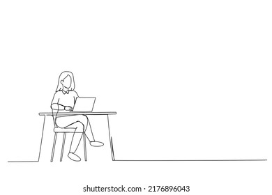 Ilustración de una joven trabajando con una laptop en un sillón interior. Espacio para texto. Una línea de arte
