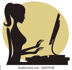 Illustration of a young woman working on computer.