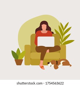 Illustration of a young woman working on her laptop computer in her home