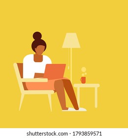 Illustration of a young woman working on her laptop at home