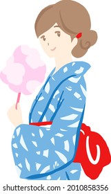 Illustration of a young woman in a yukata with cotton candy in her hand