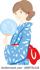 Illustration of a young woman in a yukata with a fan
