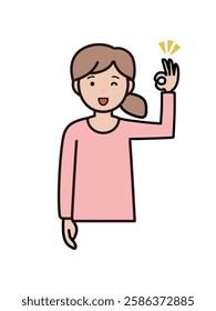 Illustration of a young woman's upper body making an OK sign and winking