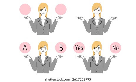 Illustration of a young woman's upper body. Illustration comparing two hands in the shape of a balance.