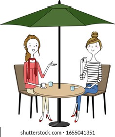 Illustration of young women chatting in a cafe.