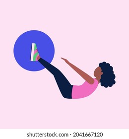 Illustration of young women doing different exercises with fitball isolated on a light background. Colorful flat vector illustration.