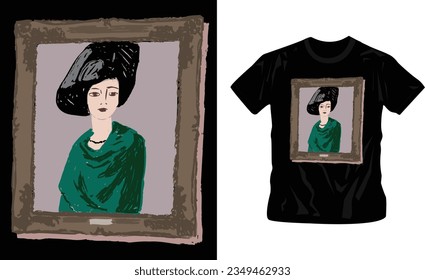 illustration of young women in photo frame shirt design editable template