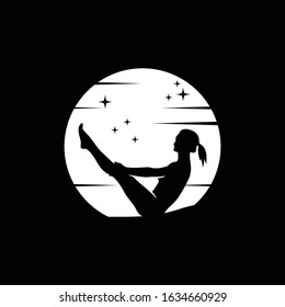 Illustration young women silhouette on yoga position on night full moon stars
 logo vector