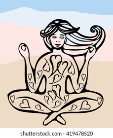 Illustration of a young women sitting in lotus yoga pose