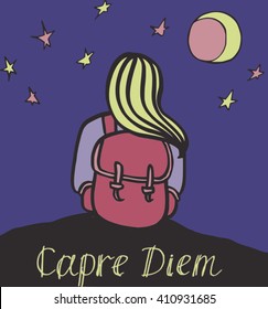 Illustration of a young women sitting on mountain peak with a latin quote Capture the moment.