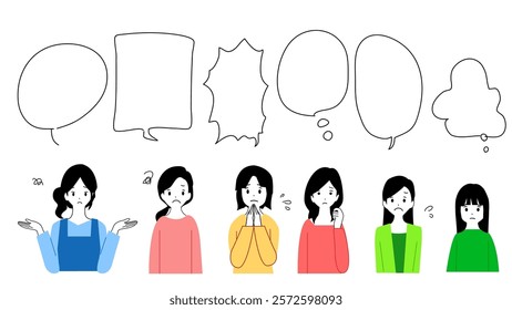 Illustration of young women with troubled faces and speech bubbles..